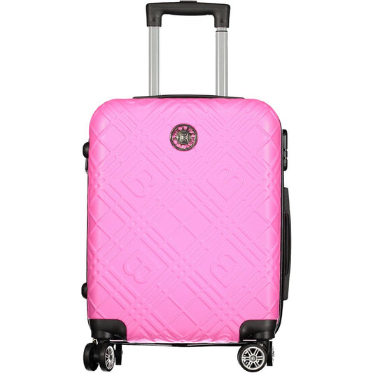 Laura Biagiotti Rosa Poliuretano Women's Travel Bag in vibrant pink with embossed pattern and sturdy wheels.