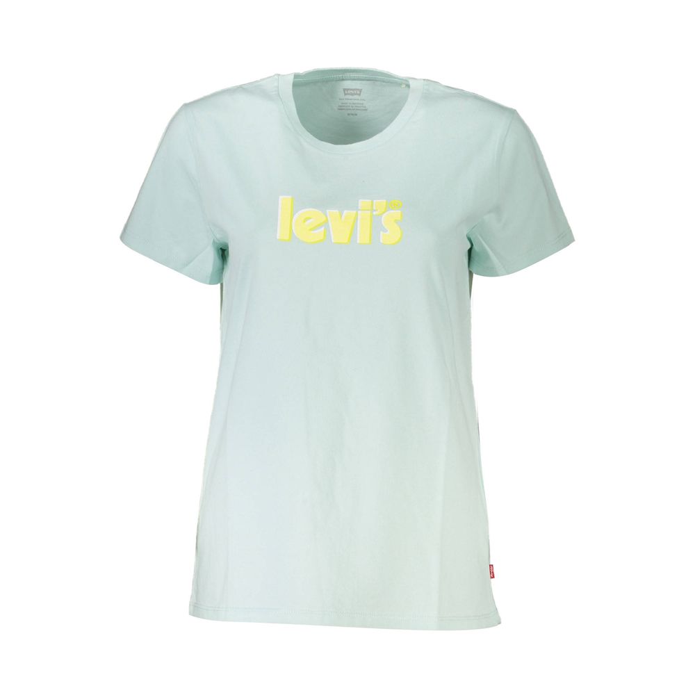 Levi's Blue Cotton Women T-Shirt with short sleeves and bold Levi's logo, made from soft cotton, crew neck style, perfect for trend-setting fashion.