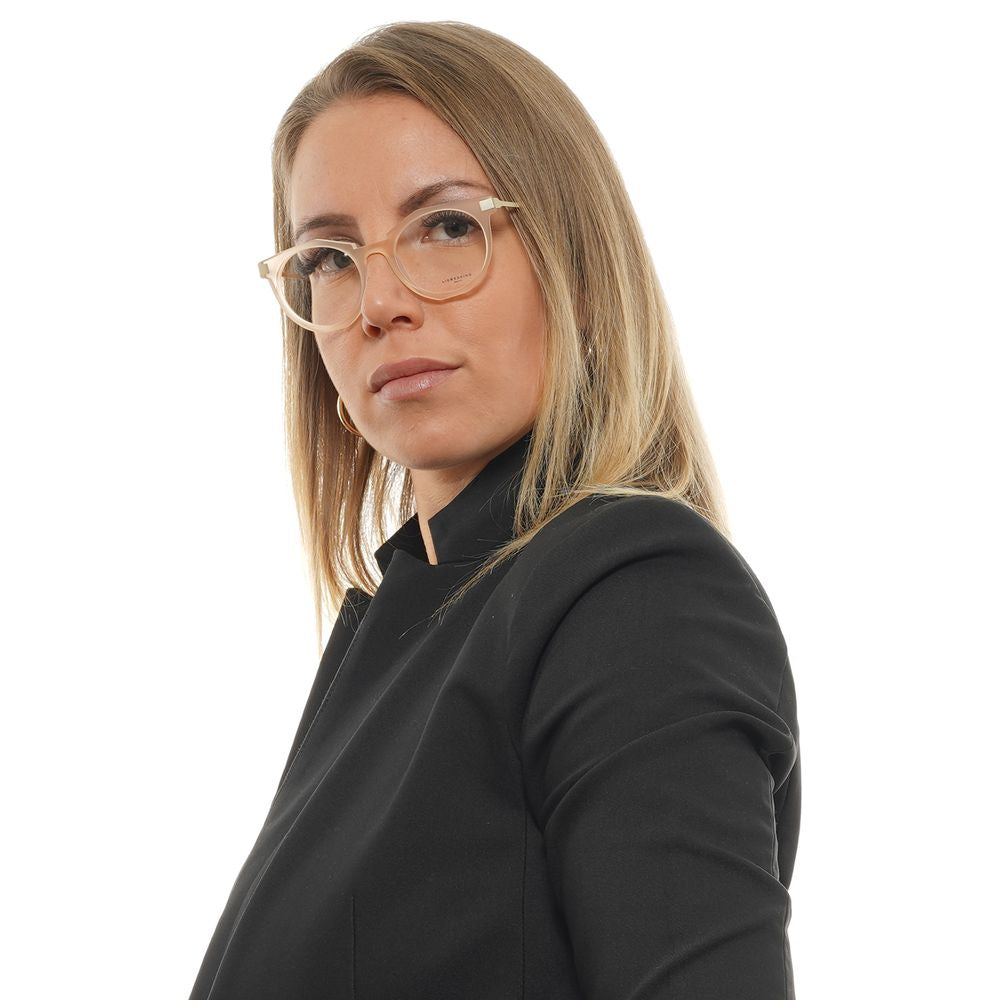 Woman wearing Liebeskind Beige Unisex Glasses Frame with acetate full-rim style, round lenses, and neutral colors.
