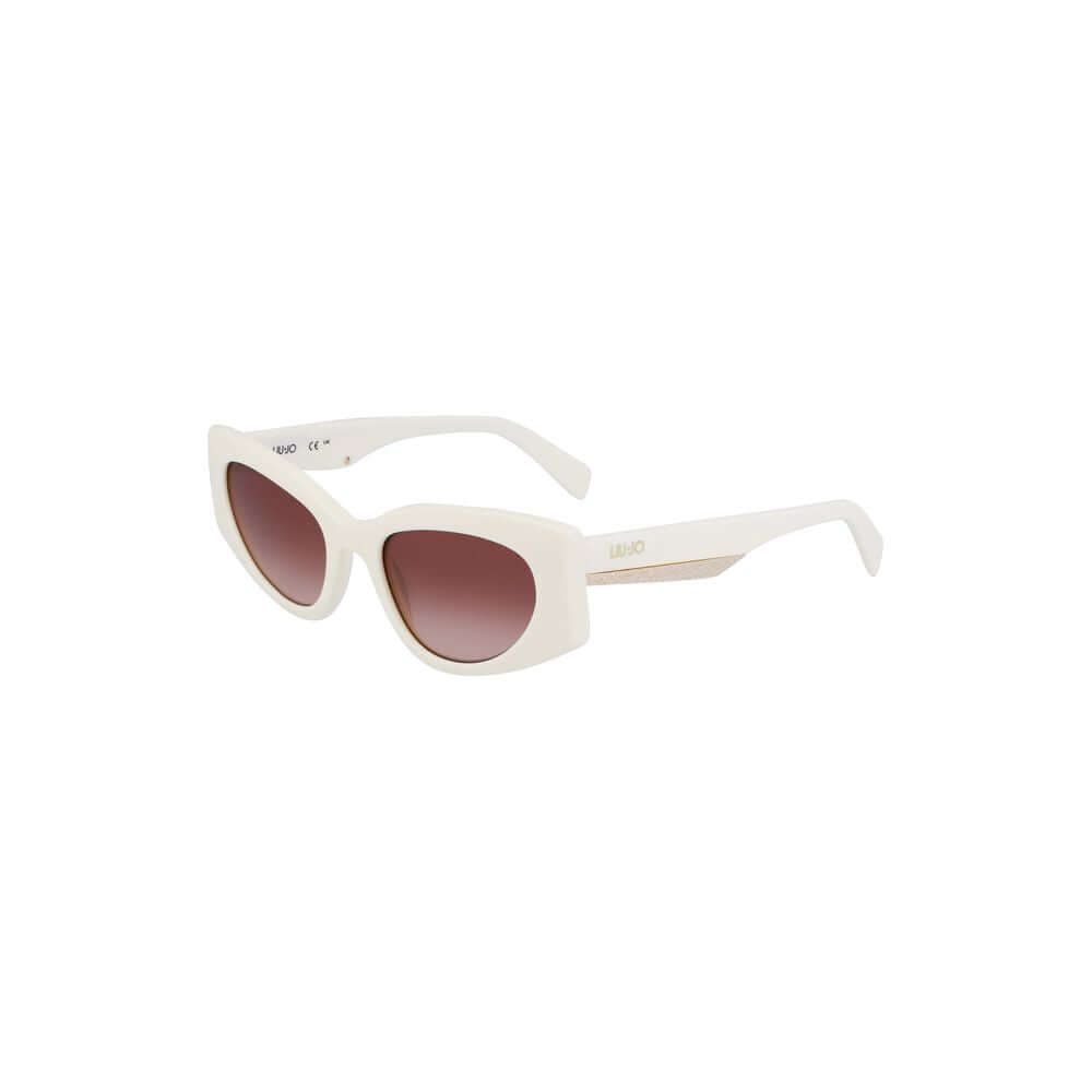 Liu Jo White Acetate Women Sunglasses with teardrop brown lenses and logo detail for UV protection and timeless style.