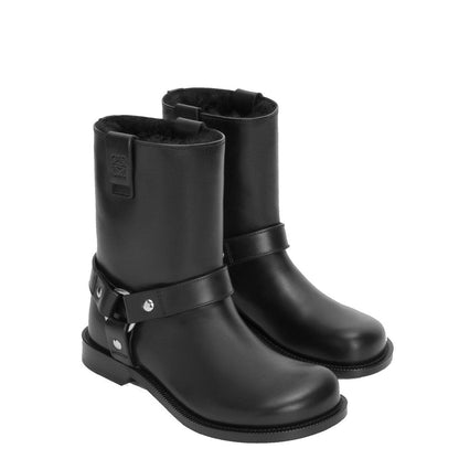 Loewe Black Calfskin Ankle Boots with leather sole, round toe, hardware details, and Anagram embossed loops, made in Italy, men's footwear