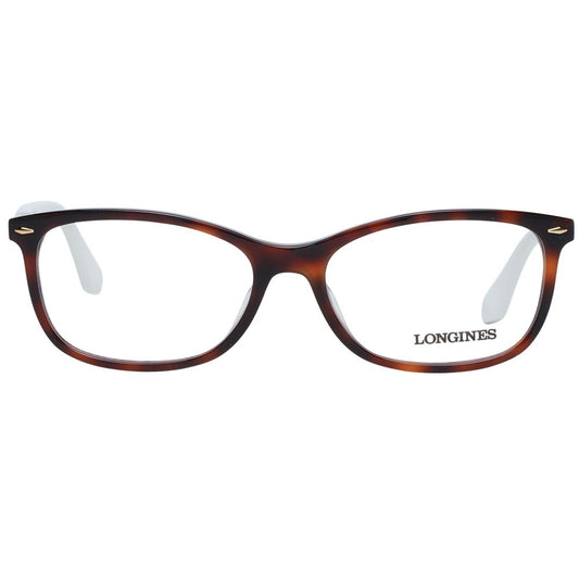 Longines Brown Women Glasses Frame in acetate with full-rim rectangle style, demo lenses, and branded case, size 54-16-140.