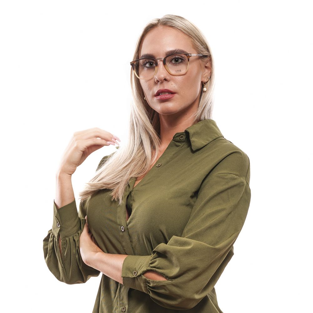Model wearing Lozza Yellow Unisex Glasses Frame with full-rim plastic frame and demo lenses.