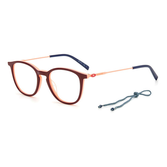 M Missoni Red Acetate Frames with blue temples and orange accents, lens/bridge/temple size 47/18/145 mm, women's eyewear.