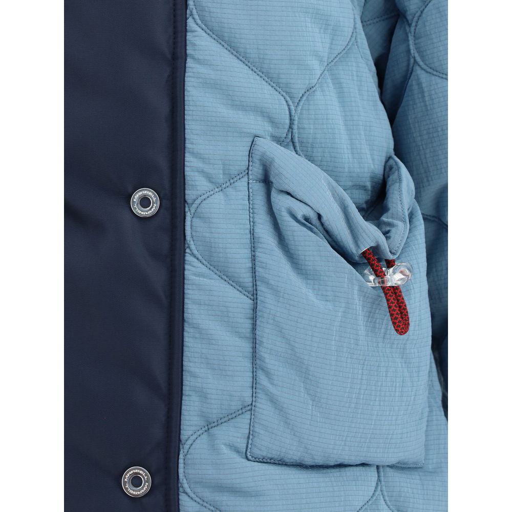 Close-up of MARBELL Light Blue Polyamide Coat with double-breasted closure, quilting, and contrasting shoulder detail.
