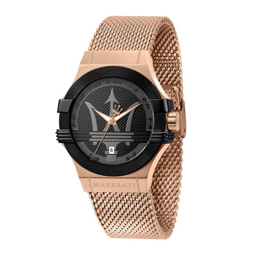 MASERATI Mod. POTENZA wristwatch with 40mm silver case, rose gold mesh strap, quartz movement, and mineral dial.