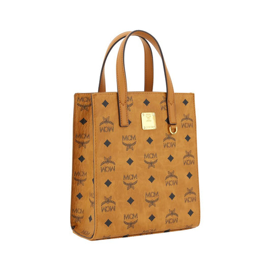 MCM Aren Mini Tote Handbag with all-over brand logo, leather trim, metal plaque, featuring two handles and adjustable shoulder strap.