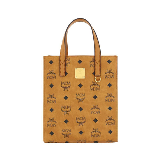 MCM Aren Mini Tote Handbag with logos, leather trim, metal plaque, removable strap, 19x19x9 cm, made in Korea, South.
