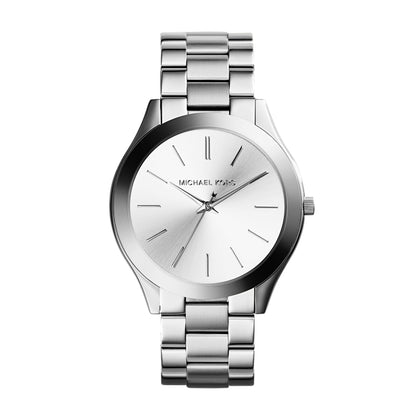 MICHAEL KORS Mod. SLIM RUNWAY ladies wristwatch, 42mm case, silver design, in official packaging.