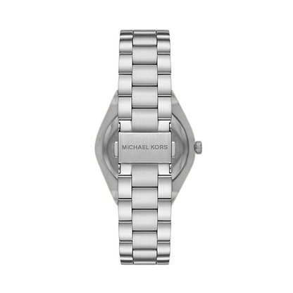 Rear view of stainless steel MICHAEL KORS Mod. LENNOX wristwatch with bracelet strap, showcasing branding on clasp, elegant design.