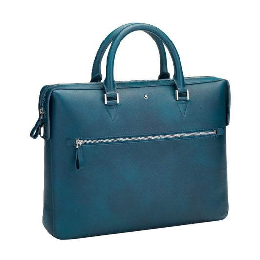 Blue leather briefcase with handles and zippered pocket, sleek and professional design.