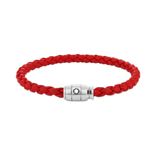 MONTBLANC LEATHER Mod. STEEL 3 RINGS unisex bracelet, red braided leather, silver clasp, in official packaging.