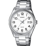 CASIO COLLECTION Mod. DATE - WHITE. ARAB NUMBERS wristwatch, 5 ATM water resistant, stainless steel case and strap, quartz movement.