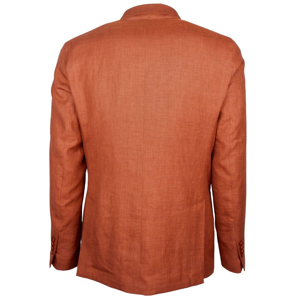 Back view of Made in Italy Brown Linen Blazer, rust-colored double-breasted jacket with Loro Piana fabric and peaked lapels.