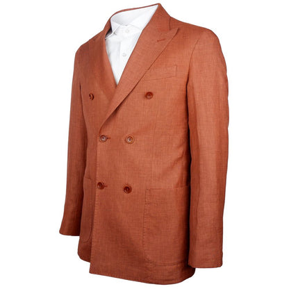 Made in Italy Brown Linen Blazer in rust color, double-breasted with peaked lapels, Loro Piana fabric, featuring front and inside pockets.