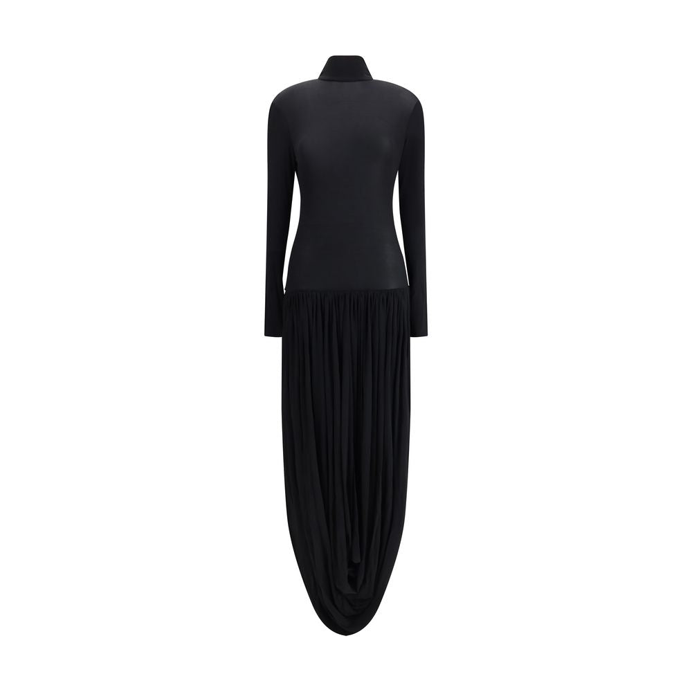 Magda Butrym Black Viscose Casual Dress with long sleeves and draped skirt, featuring a sophisticated turtleneck design for elegant occasions.