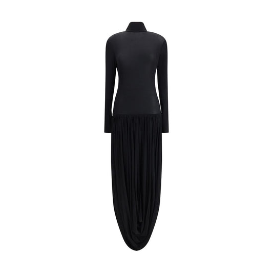 Magda Butrym Black Viscose Casual Dress with long sleeves and draped skirt, featuring a sophisticated turtleneck design for elegant occasions.