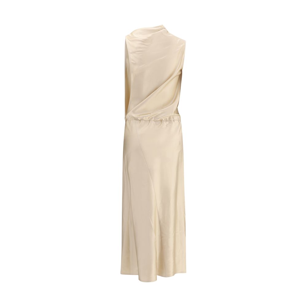 Magda Butrym Cream Silk Casual Dress with halter neckline and side drape, made of satin for a timeless elegance.