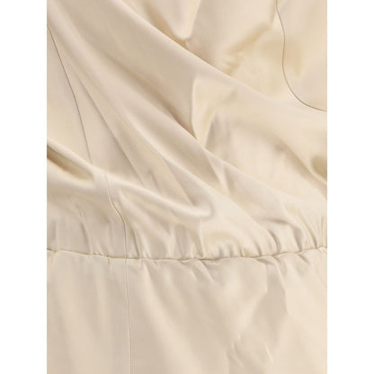 Close-up of cream silk satin fabric detail of Magda Butrym Cream Silk Casual Dress showcasing fluid elegance.