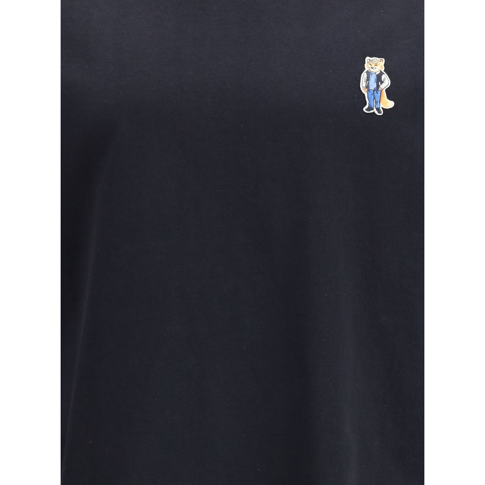 Maison Kitsuné Black Cotton T-Shirt with embroidered Dressed Fox patch on chest.
