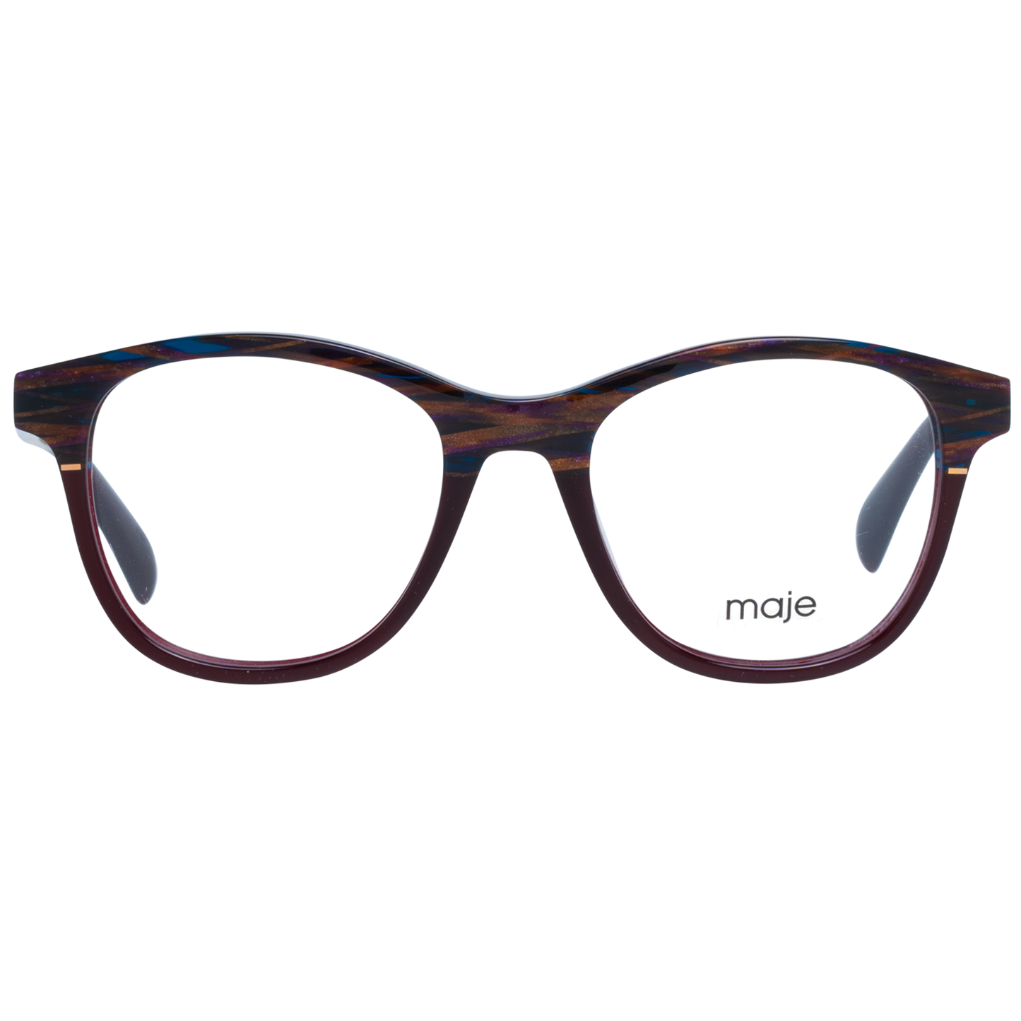 Maje Brown Acetate Glasses (Frames) for women in full-rim round style, brown color, size 48-18-140, with polydemo lenses.