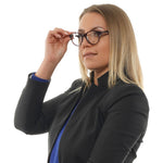 Woman wearing Maje Red Women Glasses Frame with acetate round design.