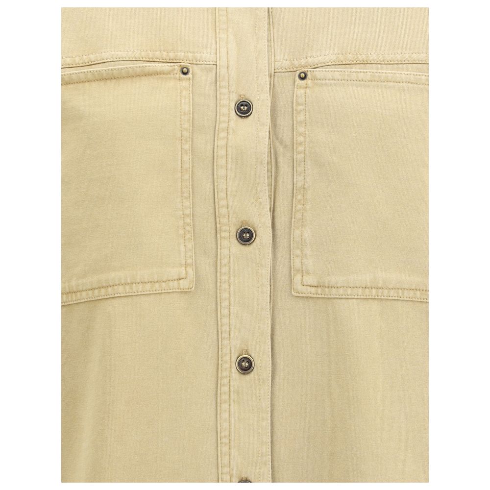 Close-up of Marant Etoile Beige Cotton Dress Shirt with classic collar, button closure, and front patch pockets for casual utility.