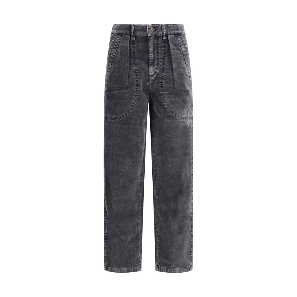 Marant Etoile Black Cotton Casual Pants with ribbed velvet, side pockets, and front pleating for refined style.