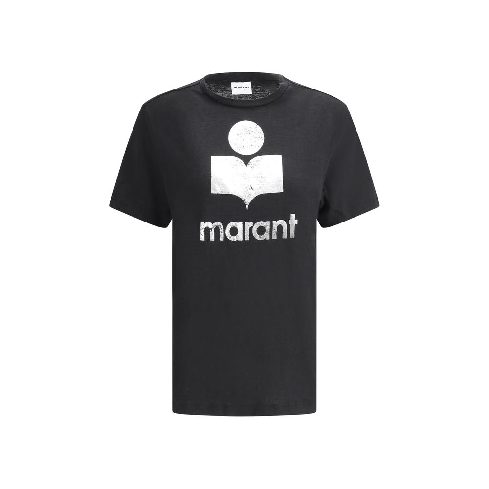 Marant Etoile Black Linen T-Shirt with monogram print on front, featuring classic ribbed crew neck and cooling linen fabric.