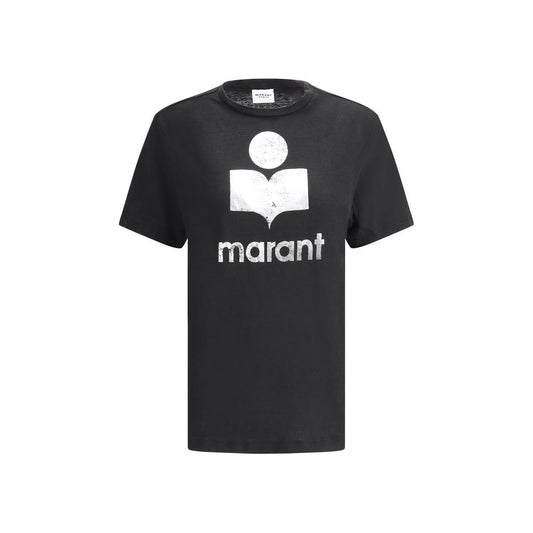 Marant Etoile Black Linen T-Shirt with monogram print on front, featuring classic ribbed crew neck and cooling linen fabric.