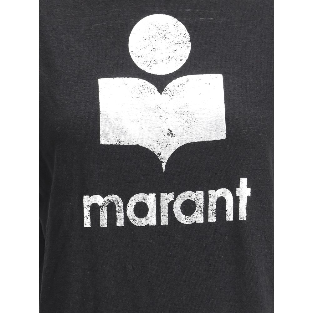 Marant Etoile Black Linen T-Shirt with monogram logo on front. Lightweight, breathable linen fabric, ribbed crew neck, monochrome design.