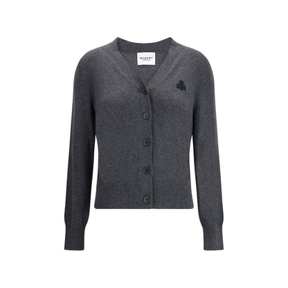 Marant Etoile Gray Cotton Cardigan with V-neckline and button closure, made of cotton and wool blend, featuring logo on chest.