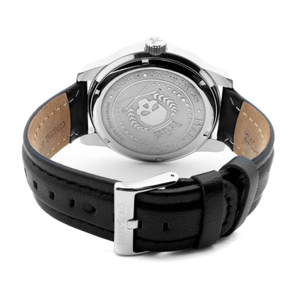 Back view of Marc Ecko Black Leather Dress Watch with stainless steel case and buckle closure bracelet.