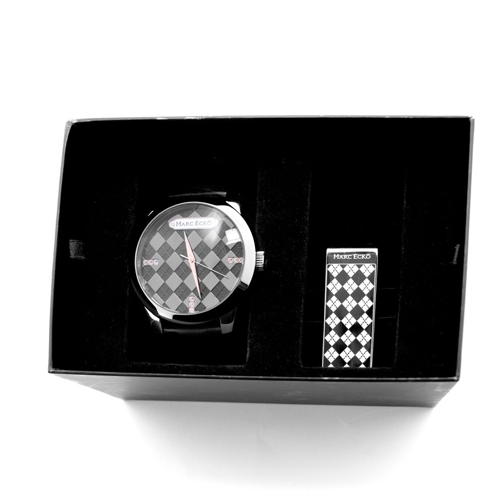 Marc Ecko Black Leather Dress Watch with diamond pattern in black gift box, featuring stainless steel case and black leather band.