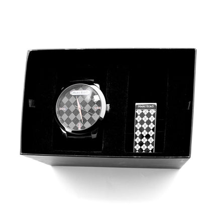 Marc Ecko Black Leather Dress Watch with diamond pattern in black gift box, featuring stainless steel case and black leather band.