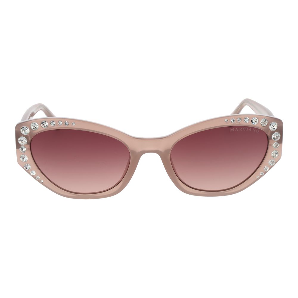 Marciano by Guess Beige Women Sunglass with beige stainless steel full-rim frame and gradient pink lenses, oval style, includes branded case.