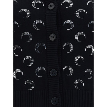 Marine Serre Black Viscose Cardigan with ribbed detailing and iconic all-over contrasting brand logo, featuring button front closure.