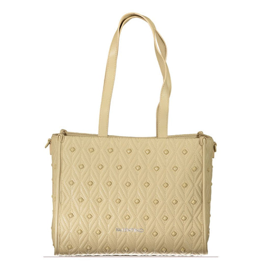 Mario Valentino Beige Polyester Handbag with shoulder handles and zip closure, featuring a logo and quilted design.
