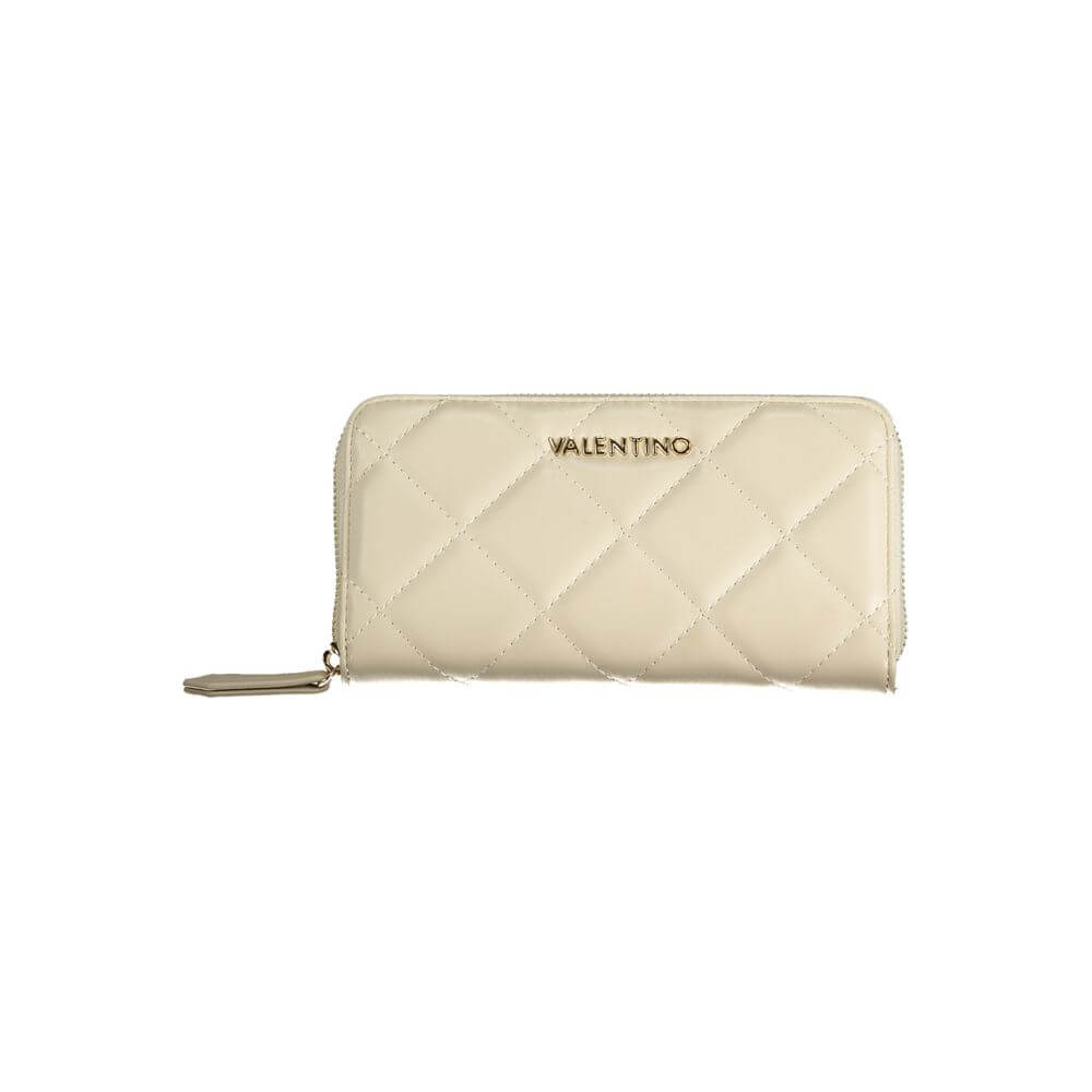 Alt Tag: Mario Valentino Beige Polyethylene Wallet with zip closure, logo, and multiple compartments for cards and coins.