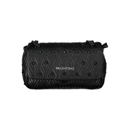 Mario Valentino Black Polyester Handbag with chain shoulder strap, 2 internal pockets, contrasting details, zip and clip closure.