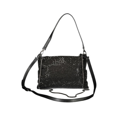 Mario Valentino Black Polyester Women Handbag with Rhinestone Details, featuring dual-strap design and removable shoulder handle.