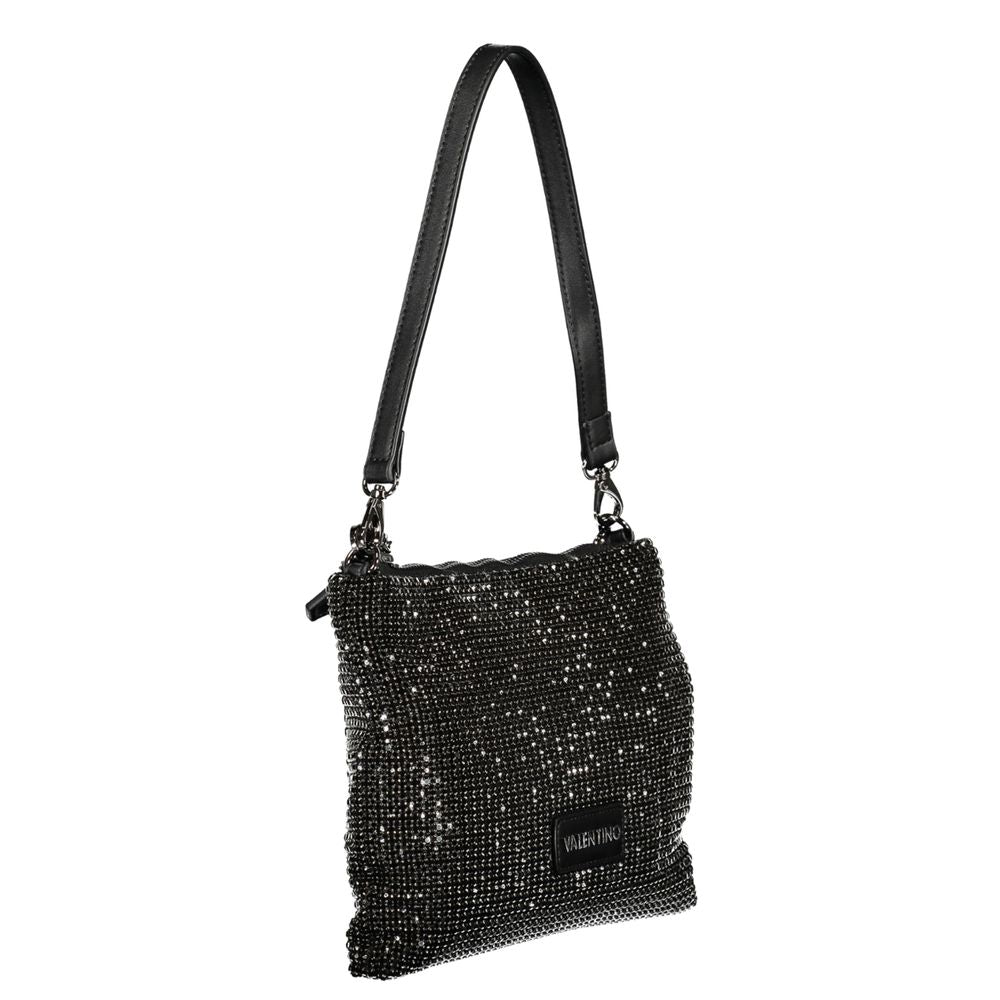 Alt Tag: Mario Valentino Black Polyester Women Handbag with Rhinestone Details featuring a chic design and elegant removable shoulder handle.