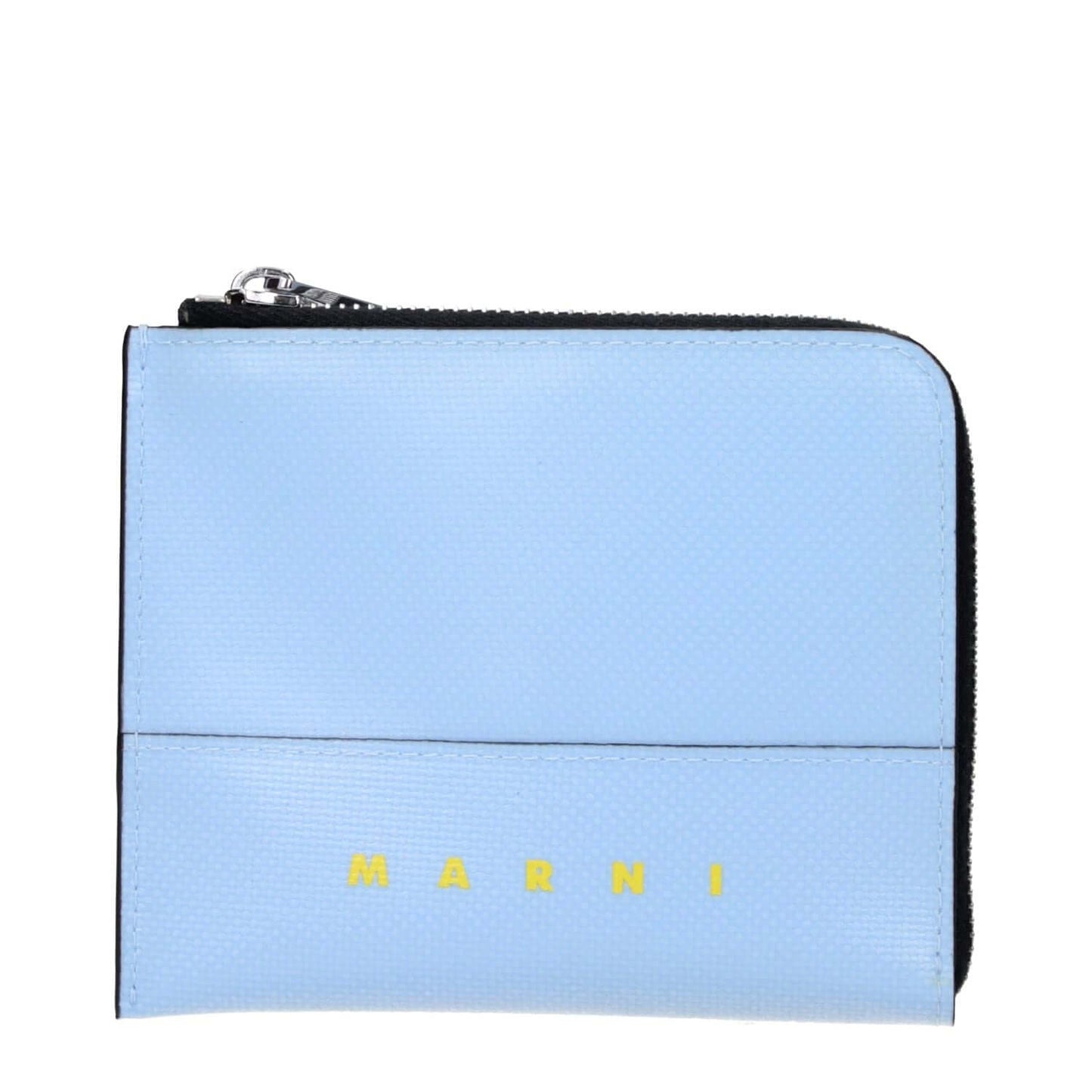 Marni Blue Polyethylene Wallet with silver zipper and front logo, light blue design, MPN PFMI0095A0P576900B21, 9.5x11.5 cm.