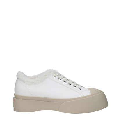 Marni White Leather Low Top Sneakers with fur detail, logo accents, lace-up closure, and rubber sole, featuring mid heels and round toe.