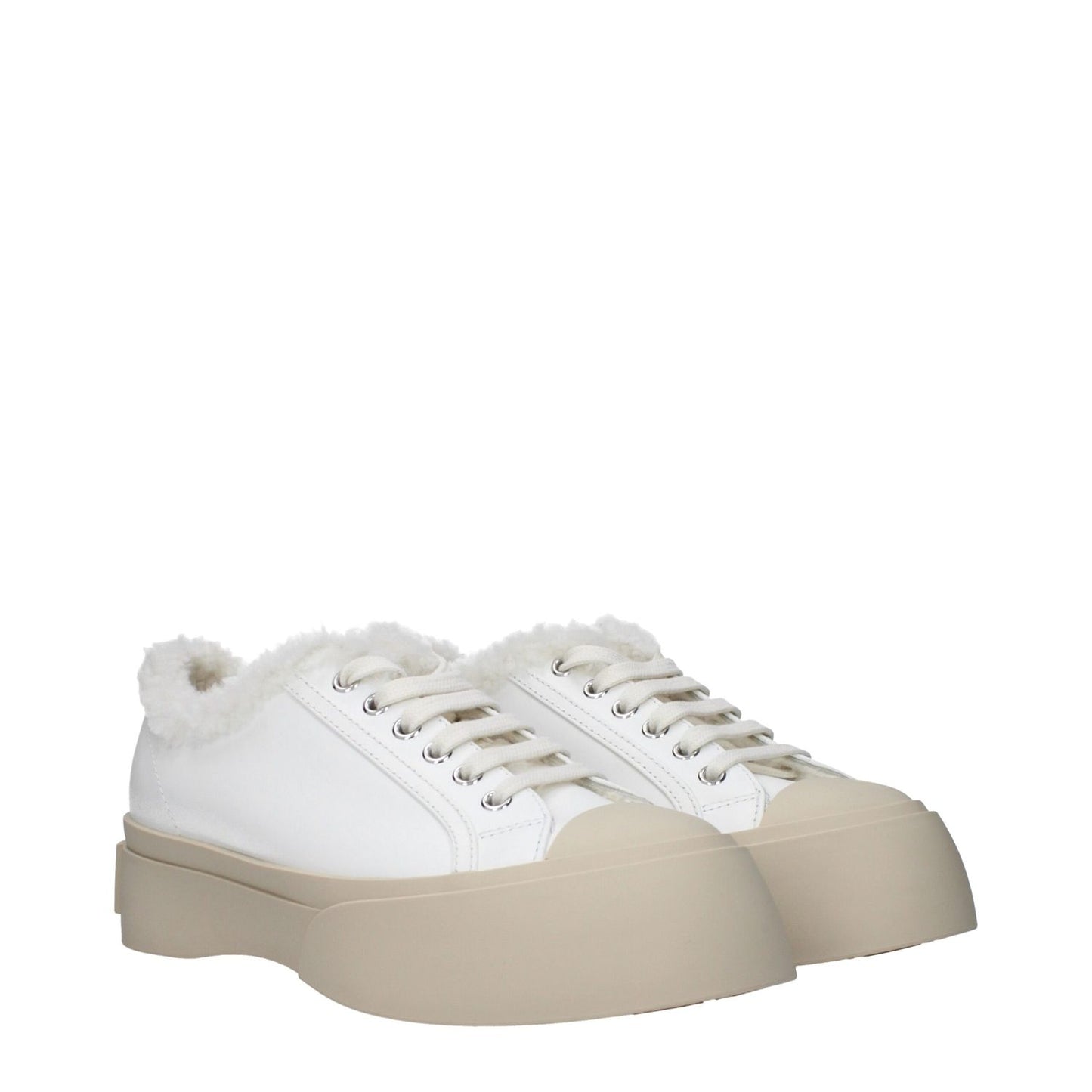 Marni White Leather Low Top Sneakers with fur detail, lace-up closure, and rubber sole. Casual style with logo accents. MPN: SNZW007320P5045ZL835