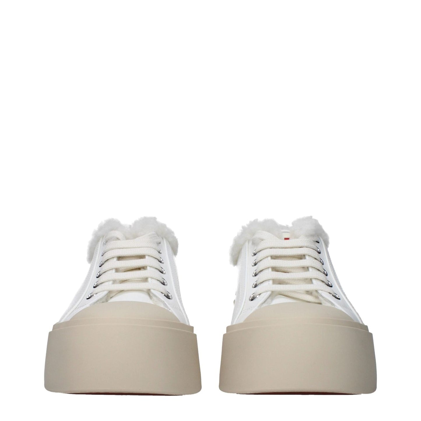 Marni White Leather Low Top Sneakers with logos and fur detail, casual style with lace-up closure and rubber sole, round toe, mid heel height.