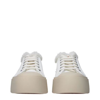 Marni White Leather Low Top Sneakers with logos and fur detail, casual style with lace-up closure and rubber sole, round toe, mid heel height.