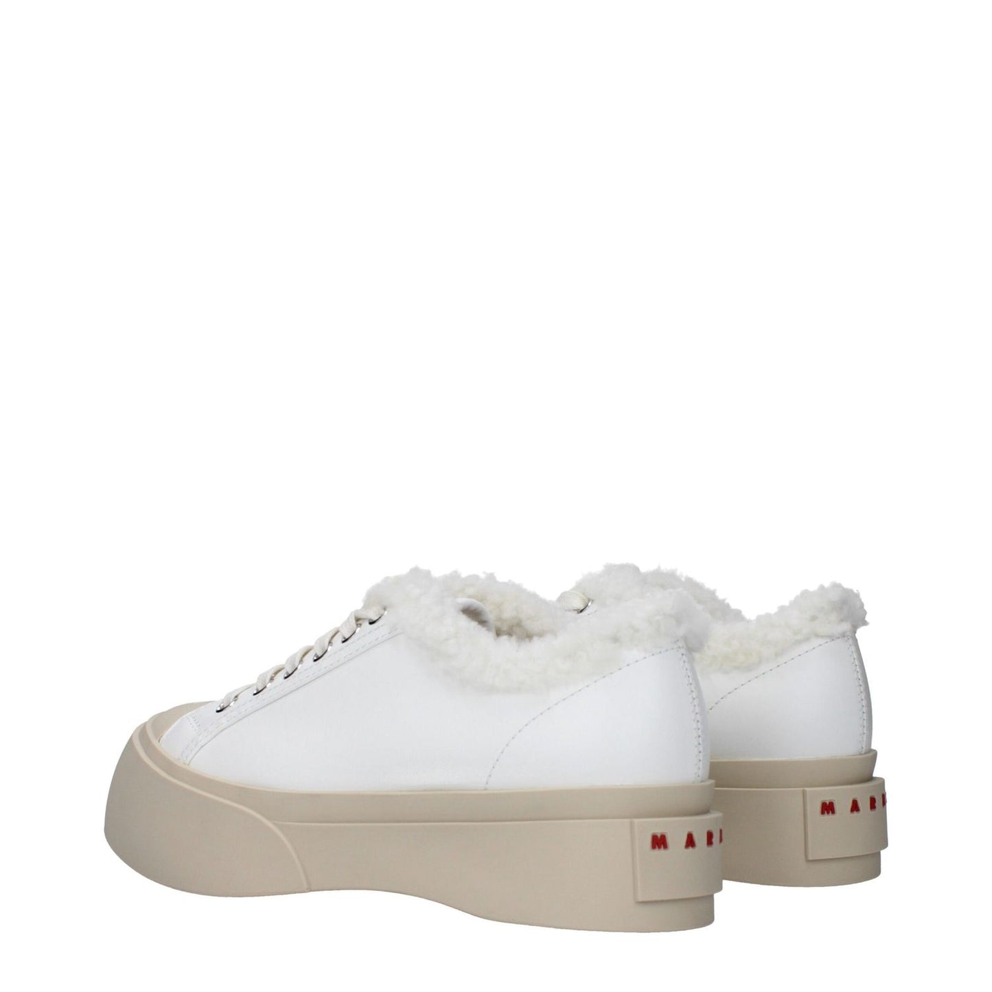Marni White Leather Low Top Sneakers with fur detail, front and back logo, casual style, lace up closure, rubber sole, mid heels.