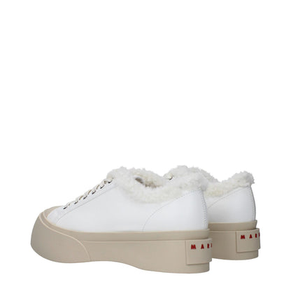 Marni White Leather Low Top Sneakers with fur detail, front and back logo, casual style, lace up closure, rubber sole, mid heels.