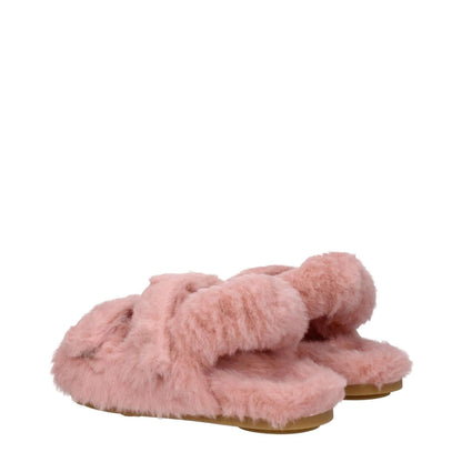 Max Mara Pink Fur Sandals with eco fur and strap closure, casual style, open toe, rubber sole, low heel, side logo, blush detail.